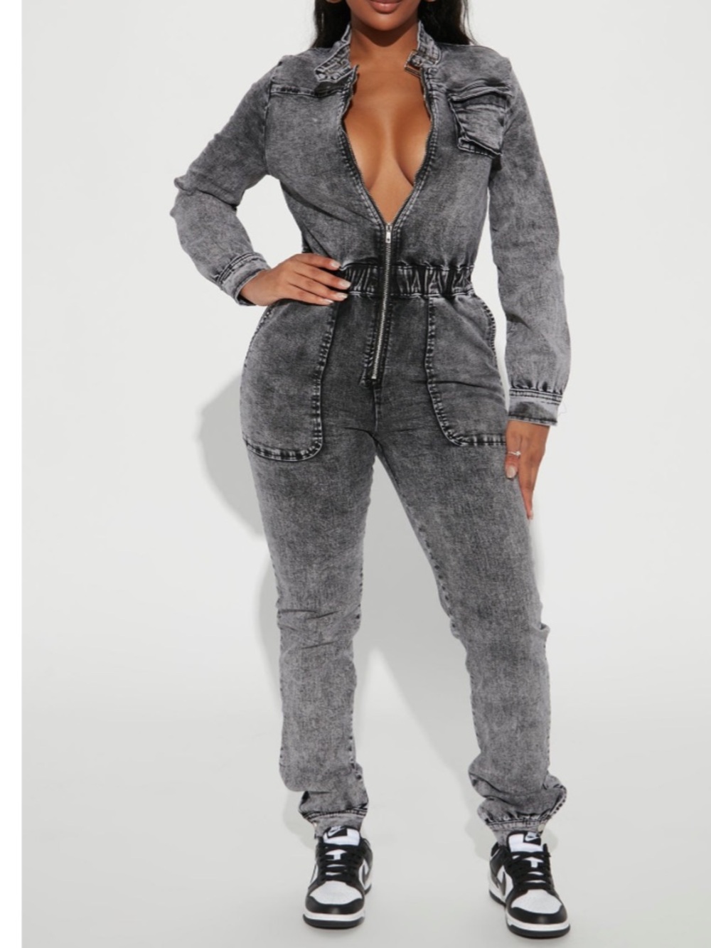 Fashion Novae Arielle Acid Wash Jumpsuit -
Black Wash